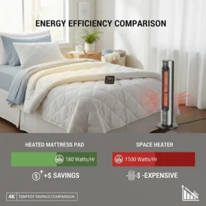 Comparison chart showing lower energy consumption of a twin size heated mattress pad versus a standard space heater.