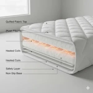Diagram of the internal layers of a heated mattress pad including the heating element and quilted top.