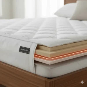 Cross-section diagram of a California King heated mattress pad showing soft quilted fabric and thin heating wires.