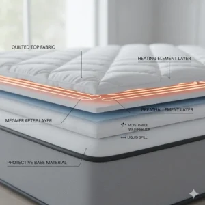 A cross-section illustration showing the quilted top, heating wires, and waterproof base layer.