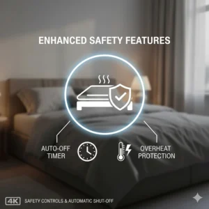 Safety icon illustration highlighting the automatic shut-off feature and overheat protection for a twin size heated mattress pad.