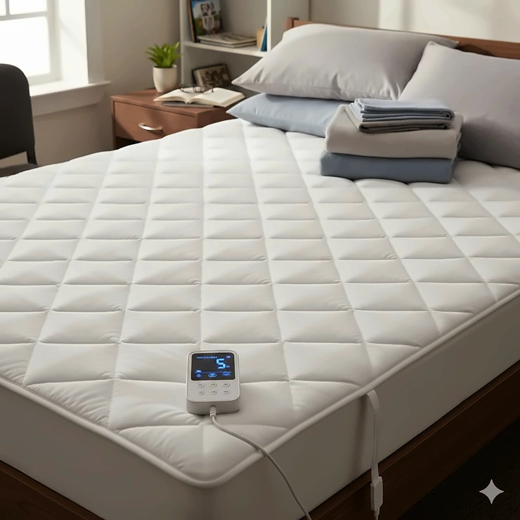 A plush white heated mattress pad fitted onto a Twin XL bed with a digital controller on the nightstand. heated mattress pad twin xl