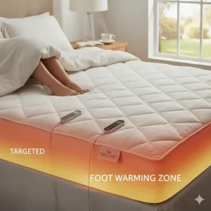 Illustration highlighting the dedicated foot warming zone of a 6 zone heated mattress pad.