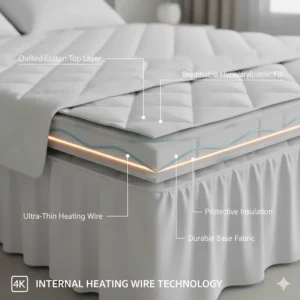 Cross-section diagram of ultra-thin heating wires inside a twin size heated mattress pad showing protective insulation layers.