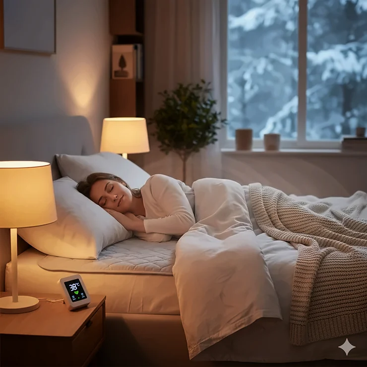 A person sleeping deeply on a bed equipped with a low EMF heated mattress pad for safe warmth.