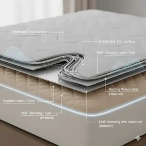 Cross-section diagram of a heated mattress pad showing EMF shielding technology and insulated wiring.