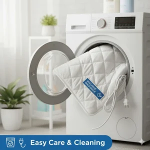 Icon showing a machine washable heated mattress pad with a detachable power cord.