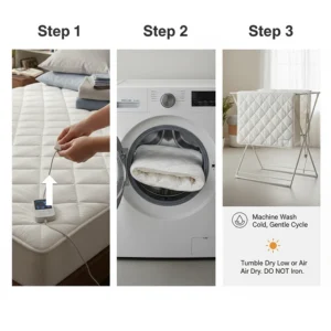 Step-by-step illustration showing how to disconnect the power cord to make the heated mattress pad machine washable.