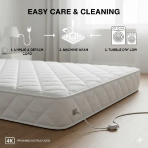 Icons demonstrating how to disconnect the power cord to make the twin size heated mattress pad machine washable and dryer safe.