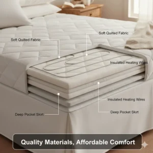 Cross-section illustration showing the soft polyester layers and heating wires of a budget mattress pad.