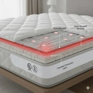 Illustration of the multi-layer safety system and auto-shutoff sensors in a Twin XL heated mattress pad.