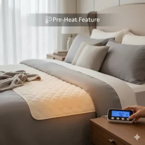 A visual representation of the pre-heat function on a California King heated mattress pad for a warm bed at night.