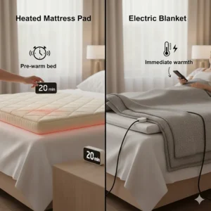 Warm bedroom scene demonstrating the pre-heating effect of a mattress pad compared to using an electric blanket for instant heat.