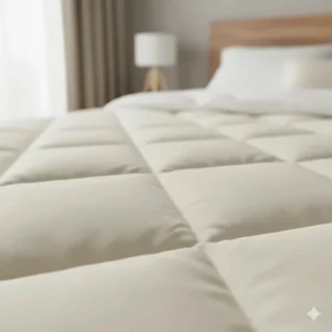 Close-up texture shot of the breathable quilted cotton fabric used in a low EMF heated mattress cover.