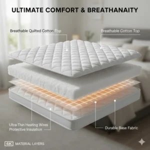 3D exploded view of the breathable cotton top and hypoallergenic fill layers of a twin size heated mattress pad.