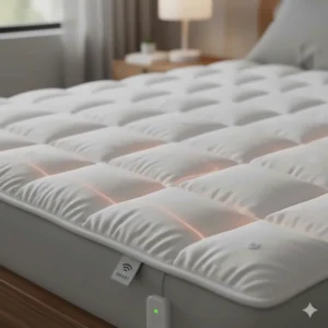 Macro view of the soft quilted fabric layers and thin internal wires of a wifi heated mattress pad.