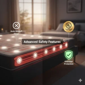 Diagram highlighting the auto-shutoff safety sensors and UL certification of a smart mattress pad.