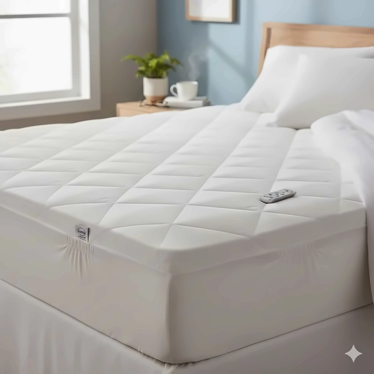 A luxurious Serta heated mattress pad fitted onto a modern bed with soft white linens.