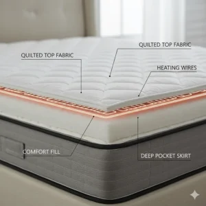 Cross-section diagram of the plush quilted layers and thin heating wires inside a Serta mattress pad.