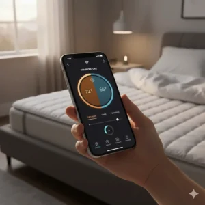 Close-up of a mobile app interface adjusting heat settings for a wifi connected mattress pad.