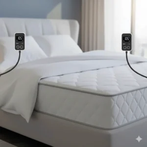 Illustration showing dual bedside controllers for independent heat settings on a king-sized Sunbeam heated mattress pad.
