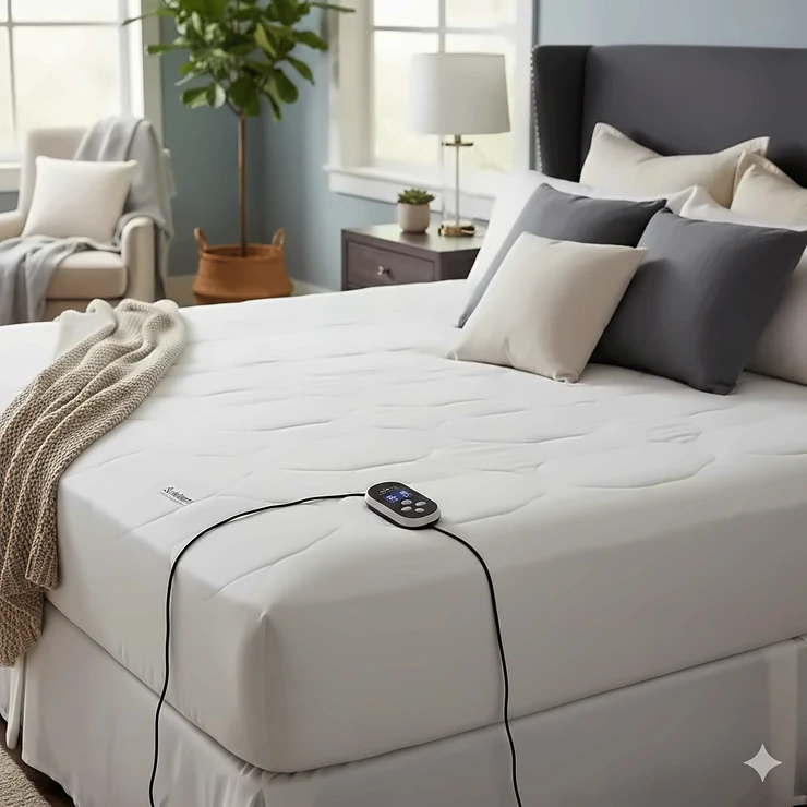 A Sunbeam heated mattress pad king size fitted on a luxury bed with dual controllers visible.