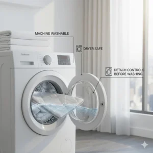 Illustration of a washing machine indicating that the Sunbeam heated mattress pad is machine washable and dryer safe.