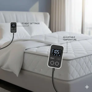 Digital display illustration showing the range of 12 heat settings available on a Sunbeam king heated mattress pad.