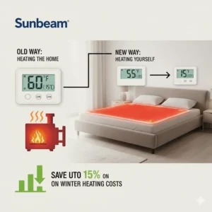 Infographic showing how using a Sunbeam heated mattress pad king can help lower thermostat costs in winter.