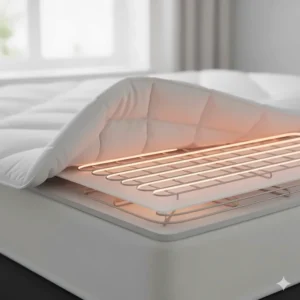 Illustration of ultra-thin heating wires inside a mattress pad for maximum comfort and safety.