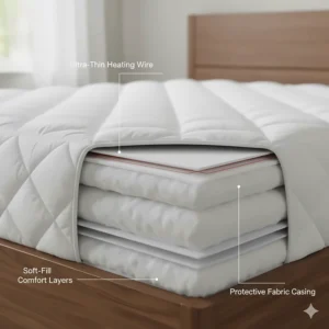 Cross-section illustration of ultra-thin heating wires layered between soft fabric for a comfortable heated mattress pad.