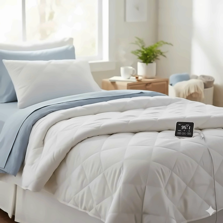 A high-quality twin size heated mattress pad fitted onto a bed with a digital dual-zone controller in the foreground.