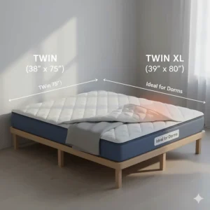 Diagram showing the dimensions of a 39 by 80 inch Twin XL heated mattress pad suitable for college dorm beds.