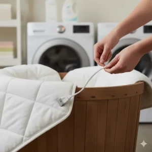 Graphic demonstrating how to detach the power cord to wash a California King heated mattress pad.