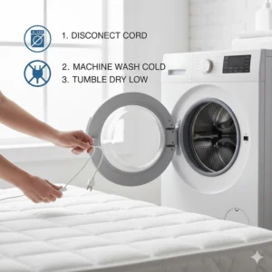 Step-by-step icon showing how to disconnect the power cord for machine washing a mattress pad.