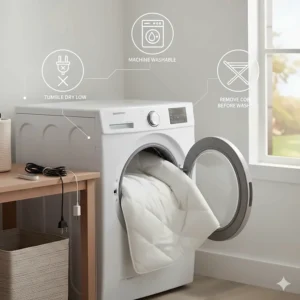 Icon-based illustration showing the mattress pad is machine washable after removing the power cords.