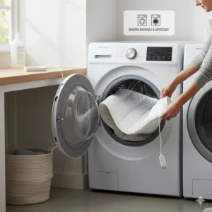 Icon showing that the Biddeford king heated mattress pad is machine washable and dryer safe.