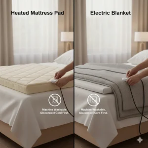 Lifestyle shot showing the proper way to disconnect and maintain a machine-washable heated mattress pad and electric blanket.