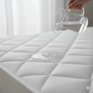 A liquid spill bead up on the surface of a waterproof heated mattress pad to demonstrate protection.