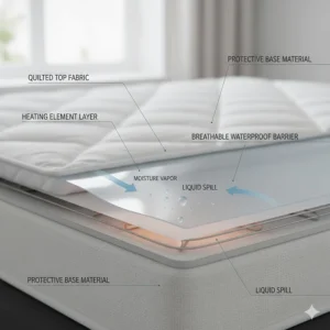 Close-up diagram showing the breathable waterproof membrane of a heated mattress pad.