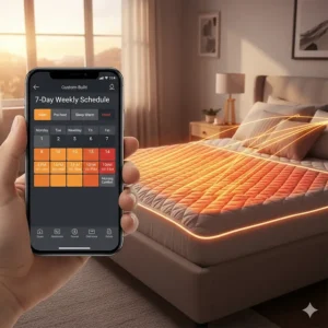 An infographic showing a 7-day heating schedule set via a wifi mattress pad app.