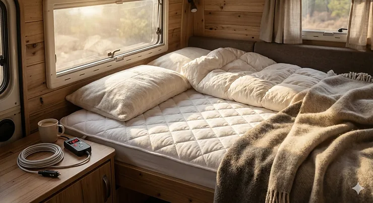 A cozy RV bedroom setup featuring a 12 volt heated mattress pad on a made bed for cold-weather camping.