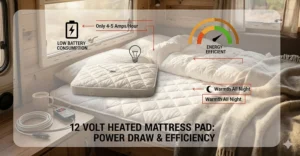Infographic demonstrating the low battery consumption and energy efficiency of a 12 volt heated mattress pad.