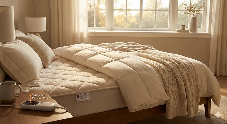 A cozy, modern bedroom featuring a bed with a high-quality heated mattress pad, emphasizing safety and home comfort. are heated mattress pads safe