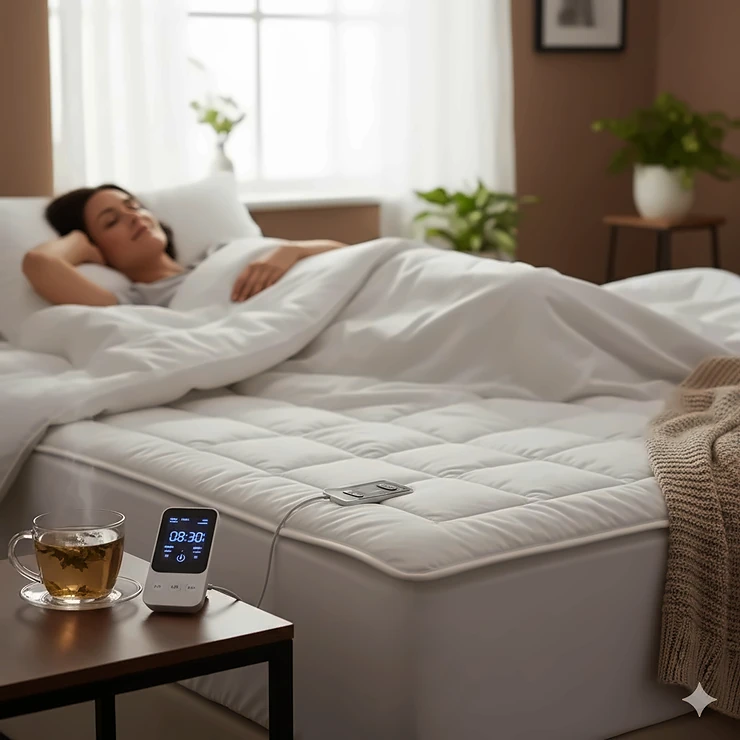 A person relaxing on a bed equipped with a premium heated mattress pad with timer showing the digital display.
