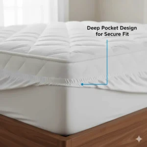 Illustration of a deep-pocket skirt design ensuring the heated pad stays secure on a senior's mattress.