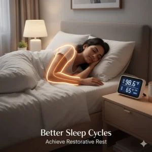 Illustration of a person enjoying restorative sleep in a cool room while using an energy-efficient heated mattress pad to maintain body warmth.