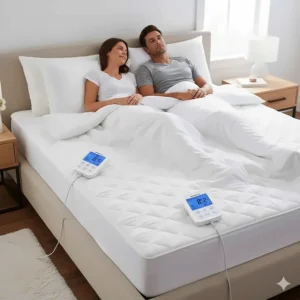 Diagram showing how dual controls allow for separate temperature zones on a king or queen mattress.