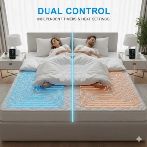 Illustration of a split-queen bed showing dual controllers for a heated mattress pad with independent timers.