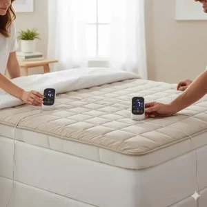 Illustration of a queen-sized bed with two separate controllers for independent heat settings on a washable mattress pad.